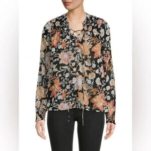 Saks Fifth Avenue Womens Floral Botanical Print Smocked Lace Up Blouse, Size XL